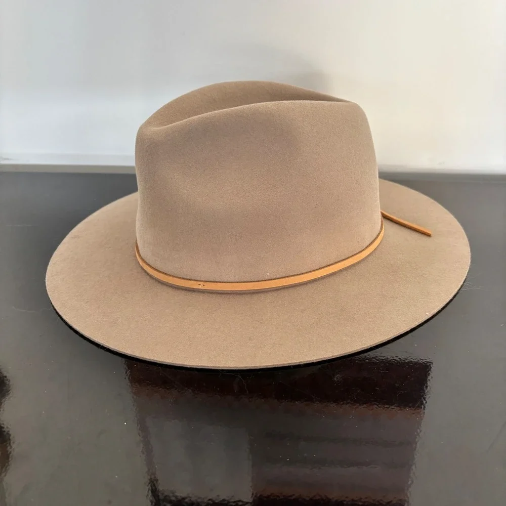 Brixton Messer Fedora Tan Wool Felt Wide‎  Brim Hat Leather Band Womens M 58cm